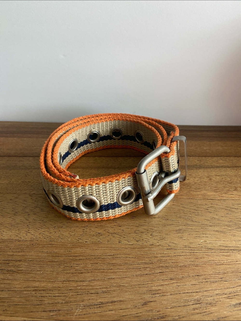 Vintage Woven Canvas Belt Grommet Stripe Tan Orange Blue Casual Preppy